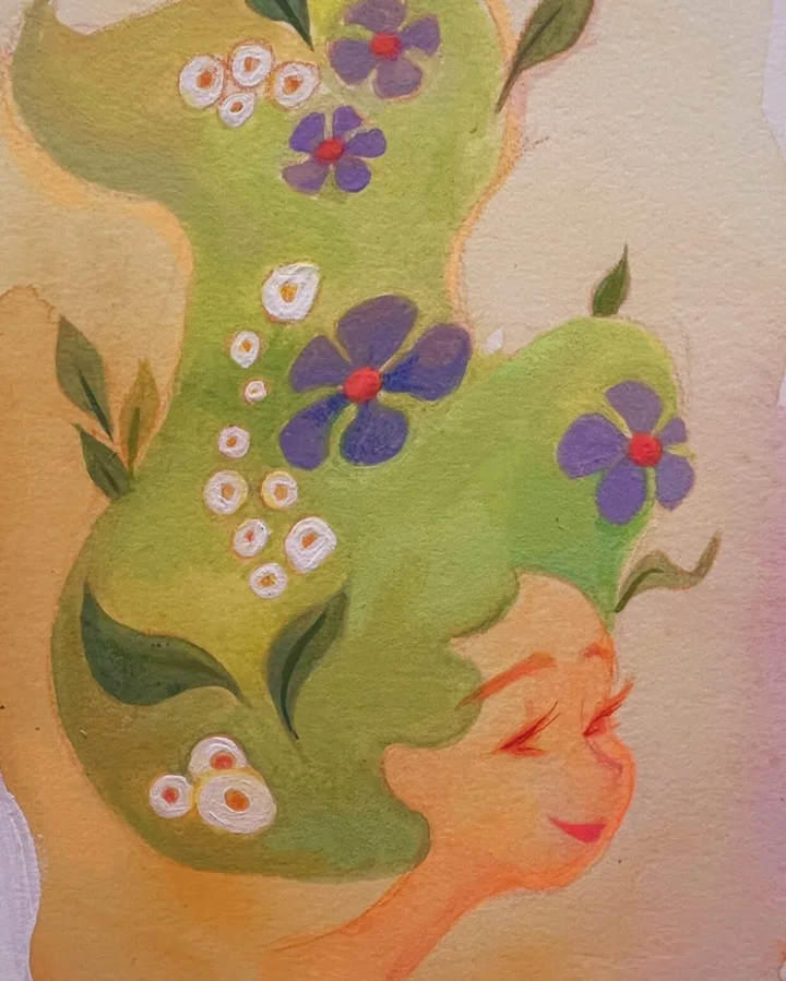 Gouache painting of a smiling girl in profile with flowing green hair dotted with purple and white flowers.