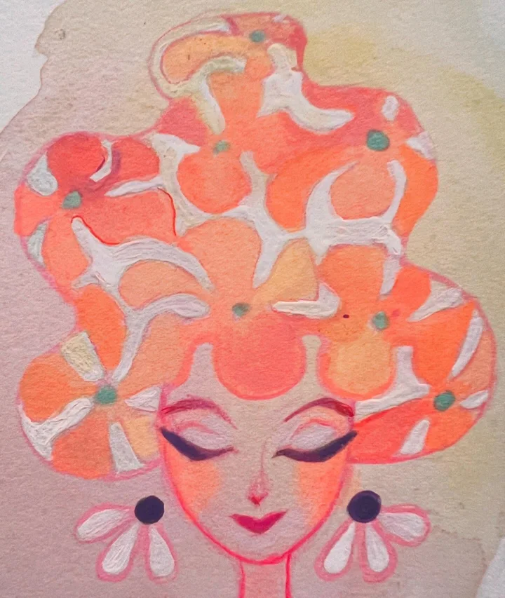 Gouache painting of a serene girl whose voluminous hair is made of orange poppies, with flower earrings.