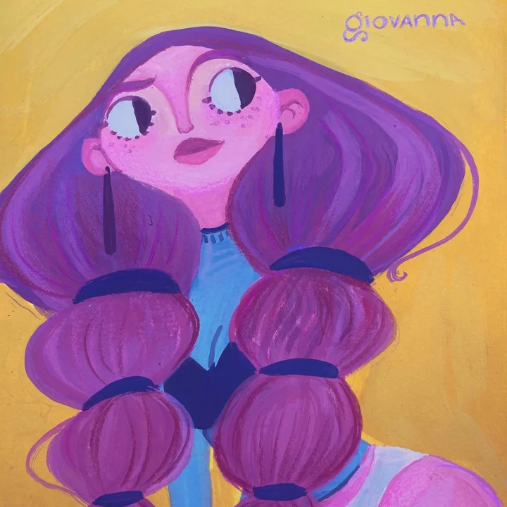 Gouache painting of a girl with purple hair in bubble ponytails, long black earrings, and a blue top, on yellow.