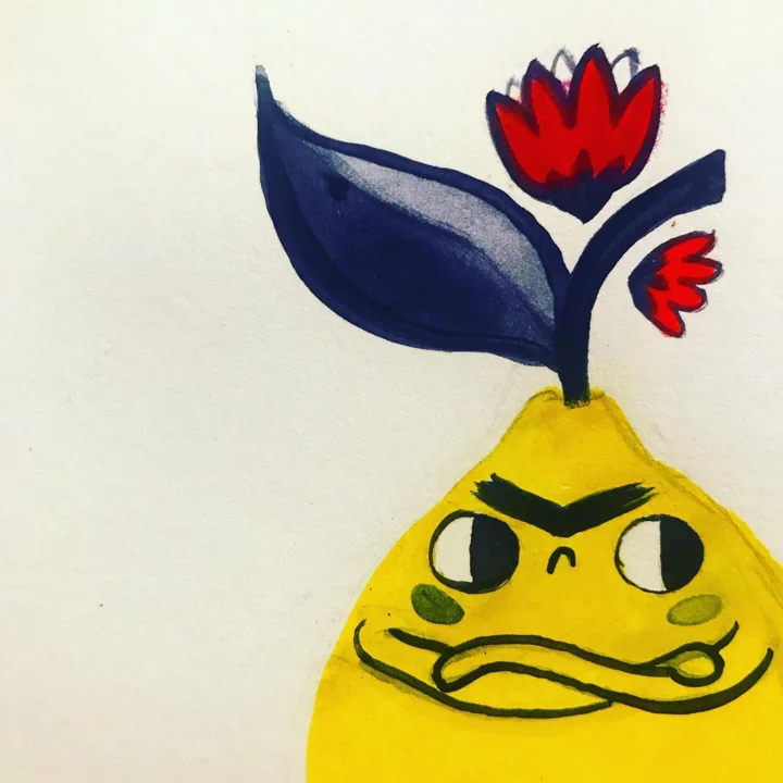 Watercolor of a scowling yellow lemon character with crossed arms, topped by a navy leaf and red flowers.