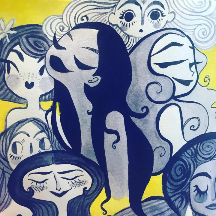 Ink and watercolor of stylized indigo faces with swirling hair crowded around a long-haired figure on a yellow ground.