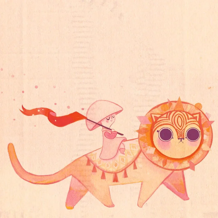 Watercolor and gouache painting of a small knight with a red pennant riding a round-eyed lion with a tasseled blanket.