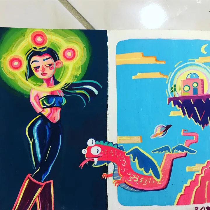Gouache sketchbook spread of a woman with a glowing green aura beside a pink winged dragon and a floating island house.