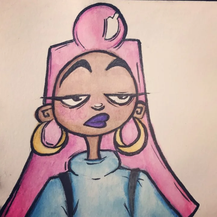 Watercolor and ink drawing of a woman with a tall pink hairdo, gold hoop earrings, purple lips, and a blue sweater.
