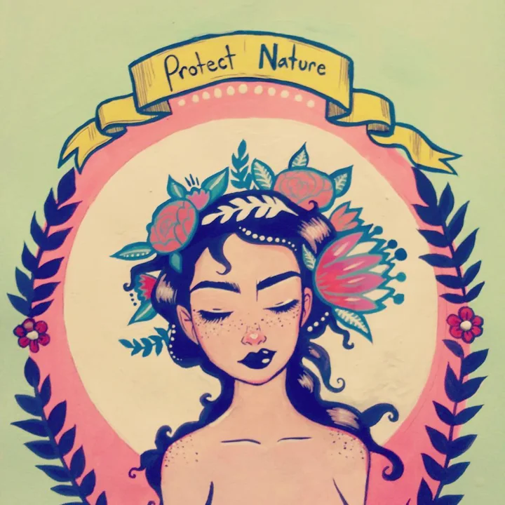 Painted illustration of a freckled girl with closed eyes and a flower crown beneath a banner reading Protect Nature.