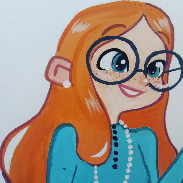 Gouache painting of a smiling freckled girl with long orange hair, oversized round glasses, and a teal blouse.