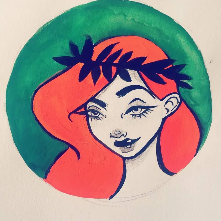 Watercolor and ink portrait of a girl with bright coral-red hair and a navy leaf crown, set in a green circle.