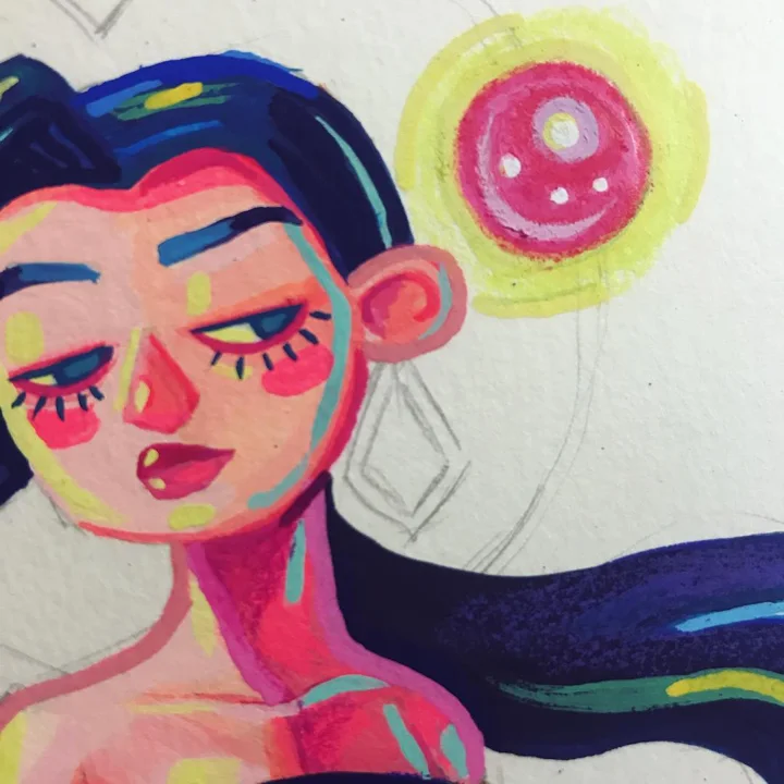 Gouache study of a rosy-cheeked woman with dark flowing hair beside a glowing pink orb, pencil lines still visible.