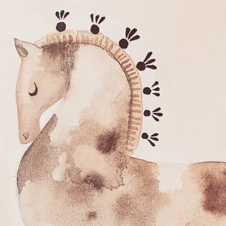 Watercolor of a sepia-toned horse with closed eyes and an arched mane of small black ink ornaments.