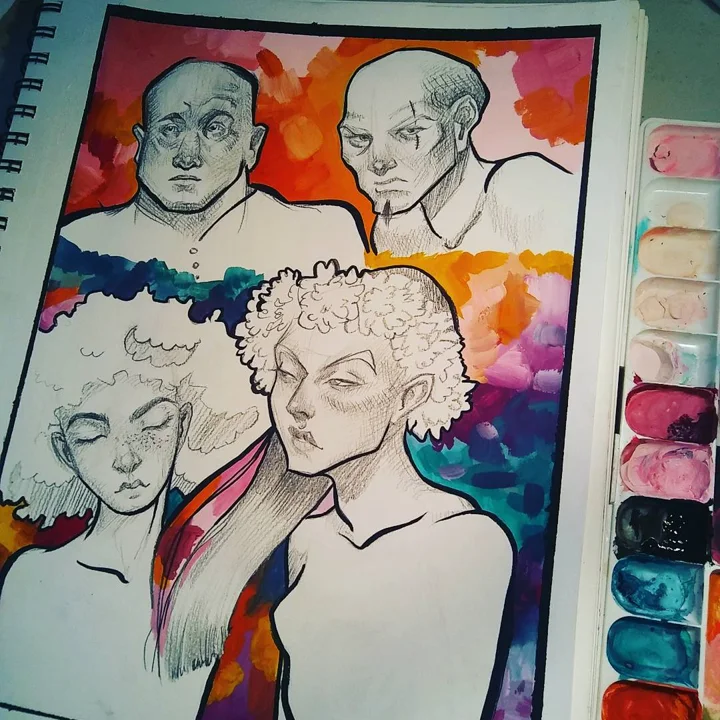 Pencil and watercolor sketchbook page of four male portrait studies over bright color washes, beside a paint palette.