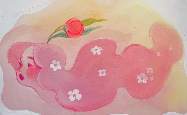 Watercolor and gouache painting of a sleeping girl whose cloud-like pink hair holds white flowers and a red bud.