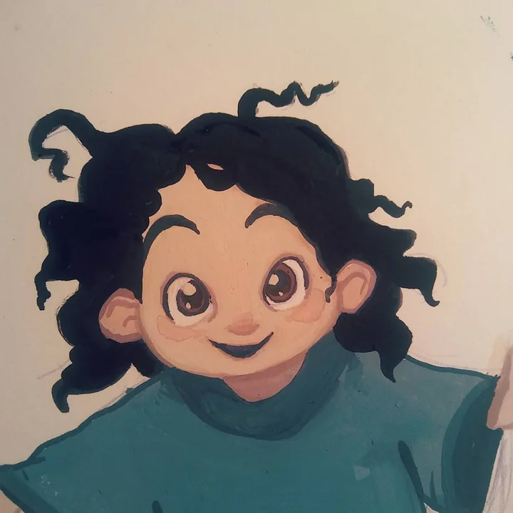 Gouache painting of a smiling cartoon child with wild curly black hair, big brown eyes, and a teal sweater.