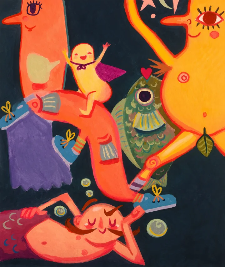Gouache painting of playful orange creatures in sneakers, a big-eyed fish, and a small winged child by a reclining dreamer.