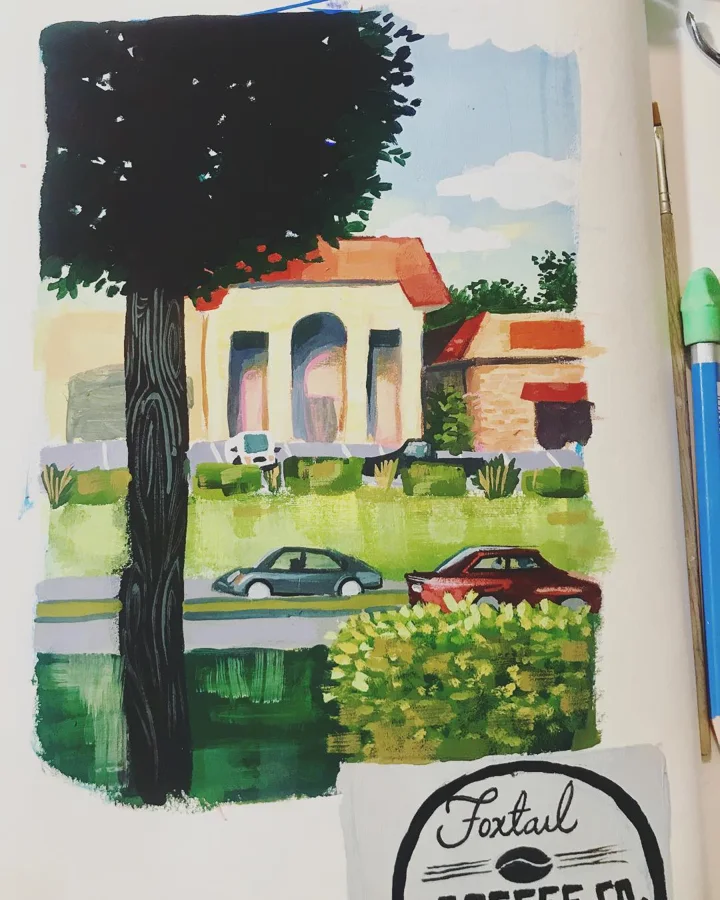 Gouache painting of a street corner with a tall tree, a white arched building, parked cars, and green hedges.
