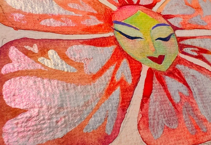 Watercolor and gouache painting of a sun with a serene green face and sweeping red-orange rays with a pearly sheen.