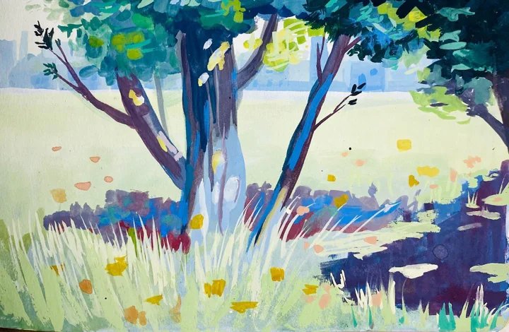 Gouache painting of sunlit trees casting blue shadows over a grassy meadow dotted with orange flowers.