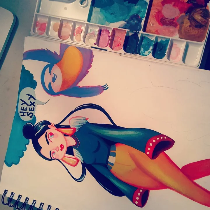 Gouache sketchbook page of a woman in a teal coat striding below a blue bird whose speech bubble reads HEY SEXY.