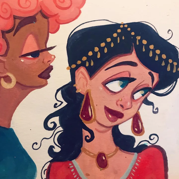 Gouache painting of a dark-haired woman in ruby earrings and a gold-studded headband, with a pink-haired woman behind her.