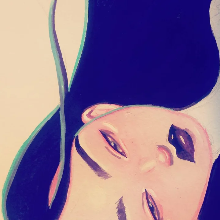 Gouache painting of a woman's face upside down, with half-closed eyes, dark purple lips, and long indigo hair, on cream.