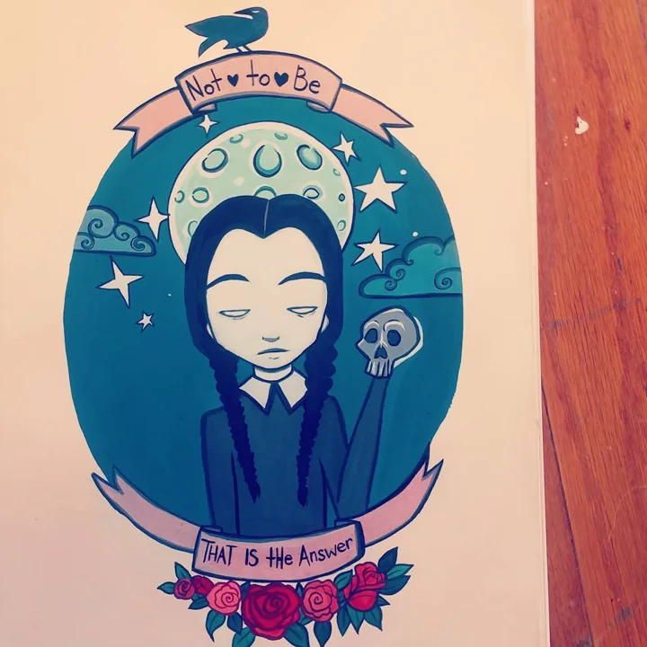 Gouache painting of Wednesday Addams holding a skull beneath a full moon, framed by lettered banners.