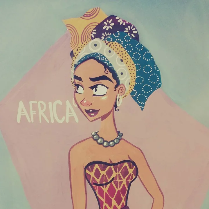 Gouache painting of a woman in a patterned blue headwrap and pearl necklace beside a pink shape lettered AFRICA.