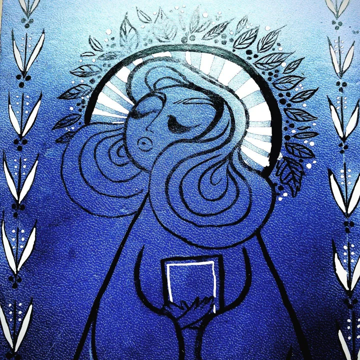 Watercolor and ink of a blue woman with swirling hair and closed eyes, a leafy sunburst behind her, holding a small square.
