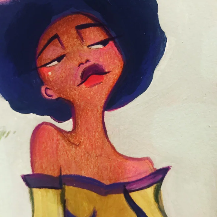Gouache painting of a woman with a full dark afro tilting her head back to sing, in an off-shoulder yellow top.