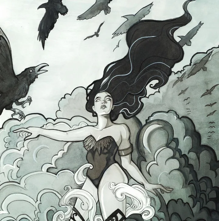 Ink wash painting of a long-haired woman reaching through storm clouds as ravens fly around her.